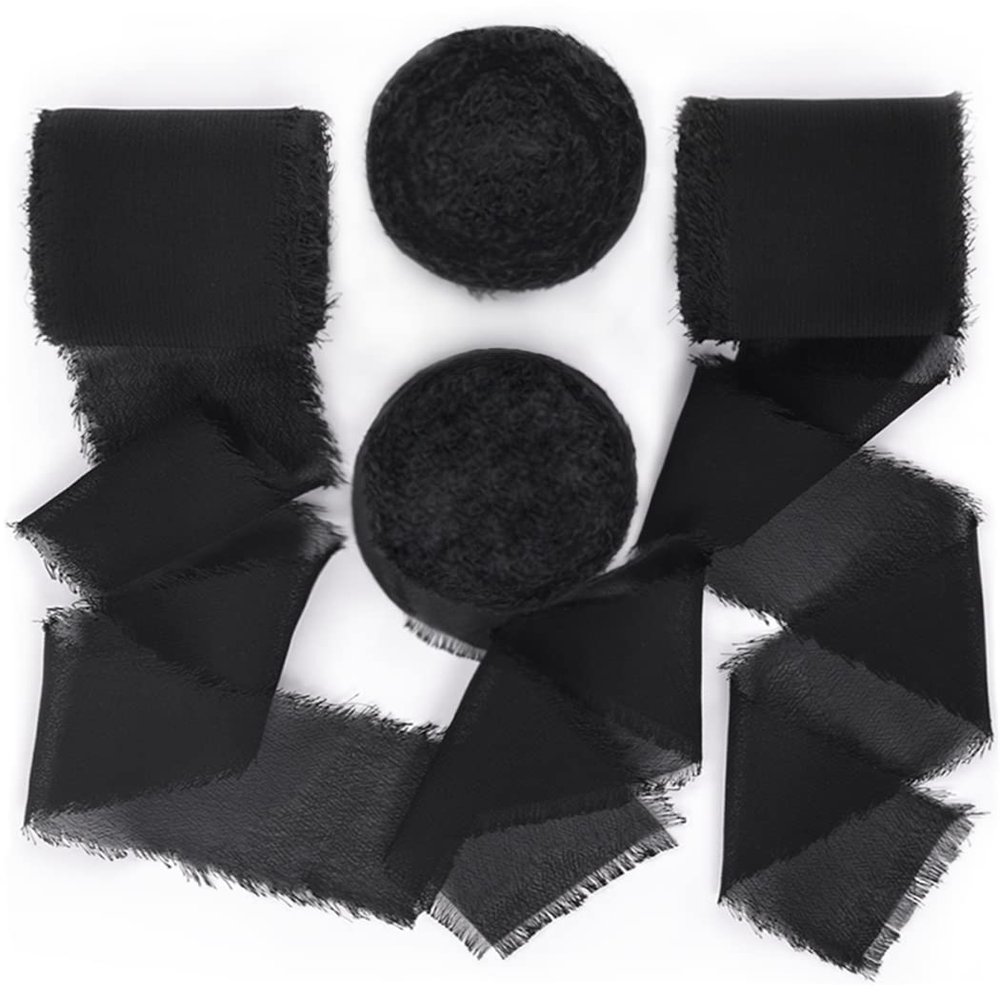 Socomi Black Handmade Fringe Chiffon Silk Ribbon 1-3/4" x 7Yd 4 Rolls Frayed Ribbons for Wedding Invitations Bridal Bouquets Wrapping