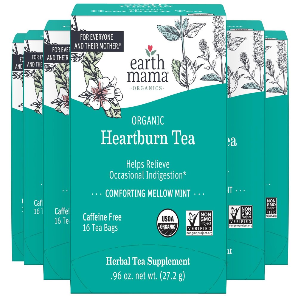 Earth Mama Organic Heartburn Tea | Pregnancy-Safe Soothing Herbal Blend with Marshmallow Root, Lemon Balm & Chamomile, 16 Teabags Per Box (6-Pack)