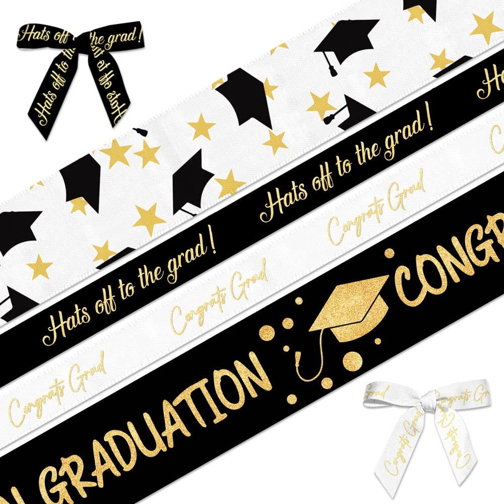 4 Rolls 2025 Graduation Ribbons for Wrapping Gifts, Congratulations Grosgrain Ribbons for Graduation Decoration DIY Party, 0.4"/0.9" X 5 Yards White Black Graduations Cap 2025 Ribbon for Graduations