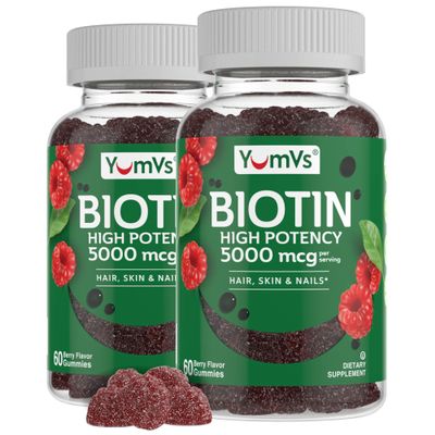 YumVs Biotin Gummies 5000mcg - Luscious Raspberry Flavor - Thicker Faster Hair Growth Gummies for Women or Men - Hair, Skin & Nails Vitamins - Hair Gummy - Vegetarian Biotin Supplement (60 Ct., 2pk)