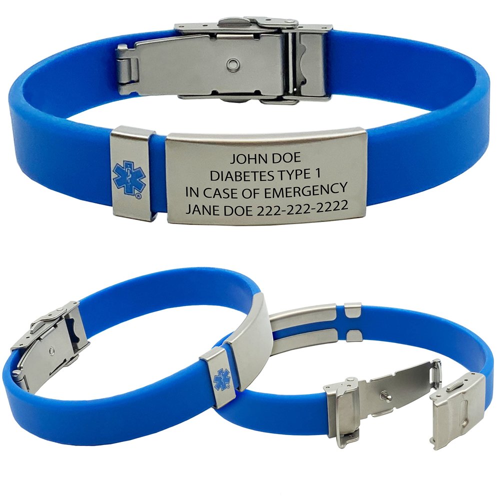 Emergency Medical Alert Bracelet with Star of Life Badge and Medical Alert Wallet Card Included. Customize with Medical Information (Blue)