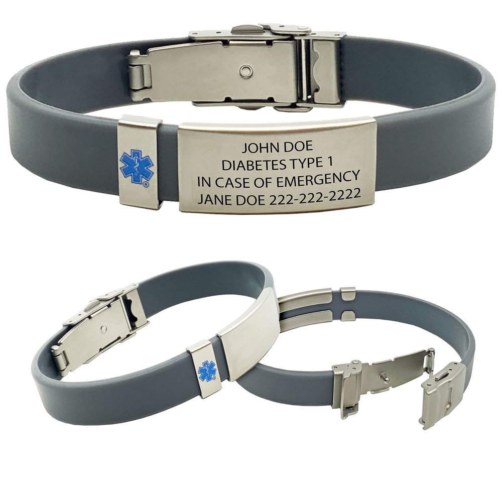 Emergency Medical Alert Bracelet with Star of Life Badge and Medical Alert Wallet Card Included. Customize with Medical Information (Grey)