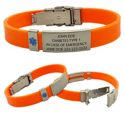 Emergency Medical Alert Bracelet with Star of Life Badge and Medical Alert Wallet Card Included. Customize with Medical Information (Orange)