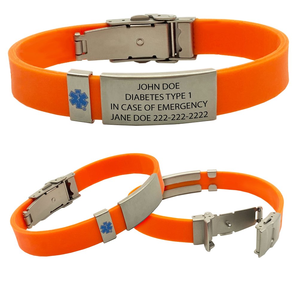Emergency Medical Alert Bracelet with Star of Life Badge and Medical Alert Wallet Card Included. Customize with Medical Information (Orange)