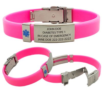 Emergency Medical Alert Bracelet with Star of Life Badge and Medical Alert Wallet Card Included. Customize with Medical Information (Pink)