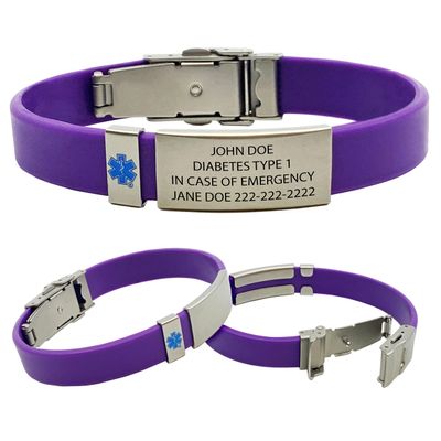 Emergency Medical Alert Bracelet with Star of Life Badge and Medical Alert Wallet Card Included. Customize with Medical Information (Purple)