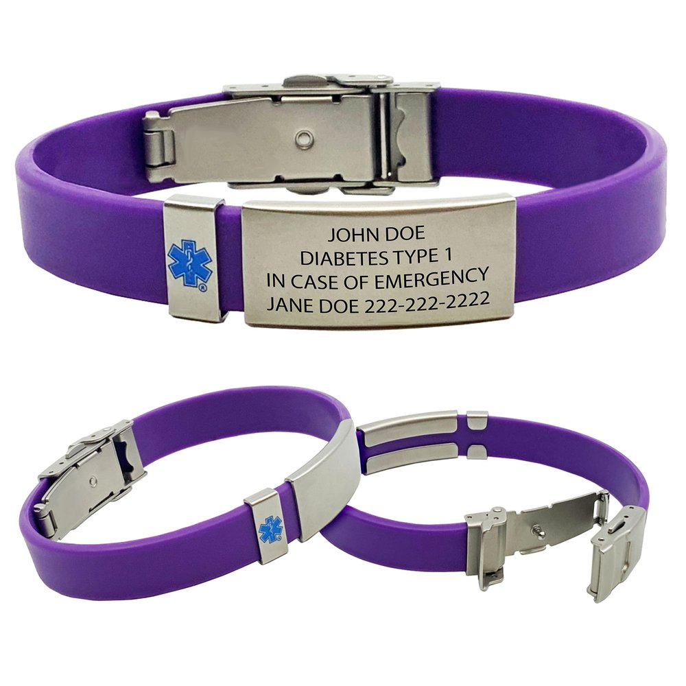 Emergency Medical Alert Bracelet with Star of Life Badge and Medical Alert Wallet Card Included. Customize with Medical Information (Purple)