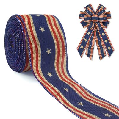 ABTOLS Patriotic Wired Edge Ribbons 2.5" 10 Yards, 4th of July White Red Blue Stripe Ribbons Patriotic Star Wrapping Ribbon American Linen Ribbon for 4th of July Party Wrapping DIY Craft Decoration