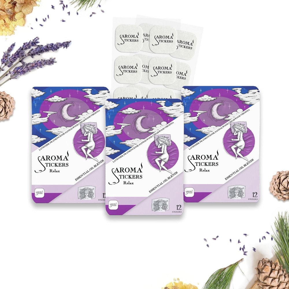 AROMA STICKERS Original Blend Relax Edition - 100% Natural Essential Oil Scented - Diffuser Stickers for Personal Space - Lavender/Relaxing $ Sleeping (Pack of 3, Total of 36 Stickers)