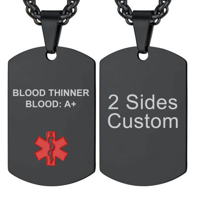 Supcare Customize Dog Tag Chain - Black Waterproof Medical Id Necklace for Men - Engraved Mens Jewelry