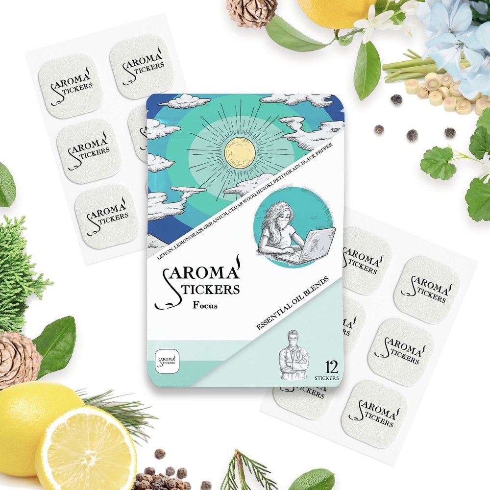 AROMA STICKERS Original Blend Focus - 100% Natural Essential Oil Scented Stickers for Personal Space - Towels, Blankets, Face Mask & Pillow (Pack of 1, 12 Stickers)
