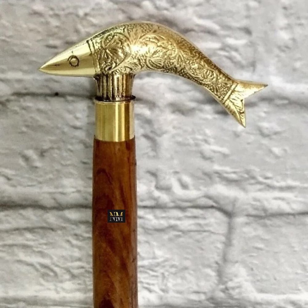 Walking Sticks, Rare Fish Brass Handle Wooden Walking Cane, Wooden Wands, Handmade Hiking Sticks, Best Walking Stick Cane Gift for Women (Golden Handle)