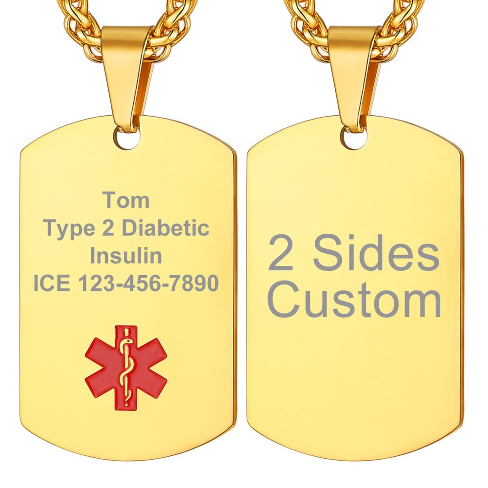 Supcare Engraved Necklace Medical Alert Tag Id Necklace Custom Necklace for Men Gold Dog Tag Necklace for Men