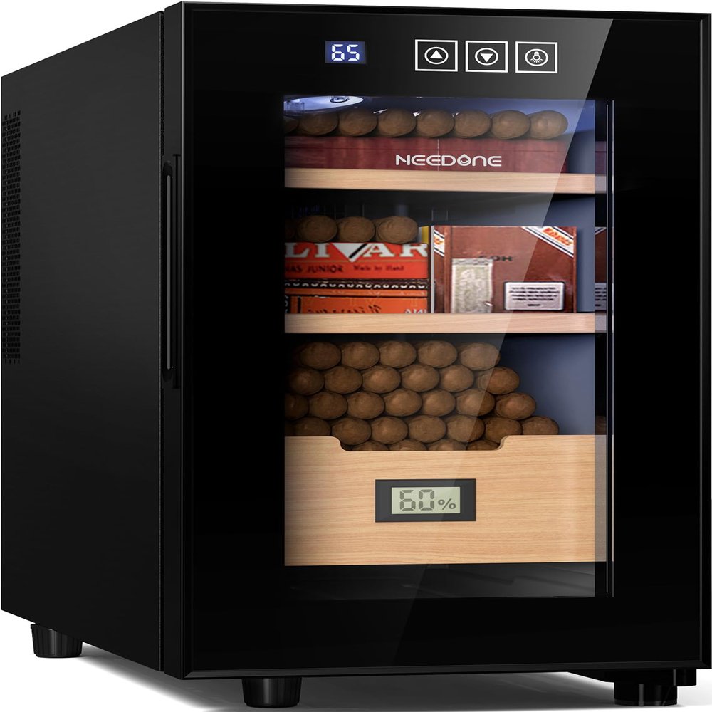 NEEDONE Electronic 23L Cooler Humidor,150 Counts Capacity, with Spanish Cedar Wood Shelves Upgraded Version with Digital Hygrometer Displays, Gift for Men