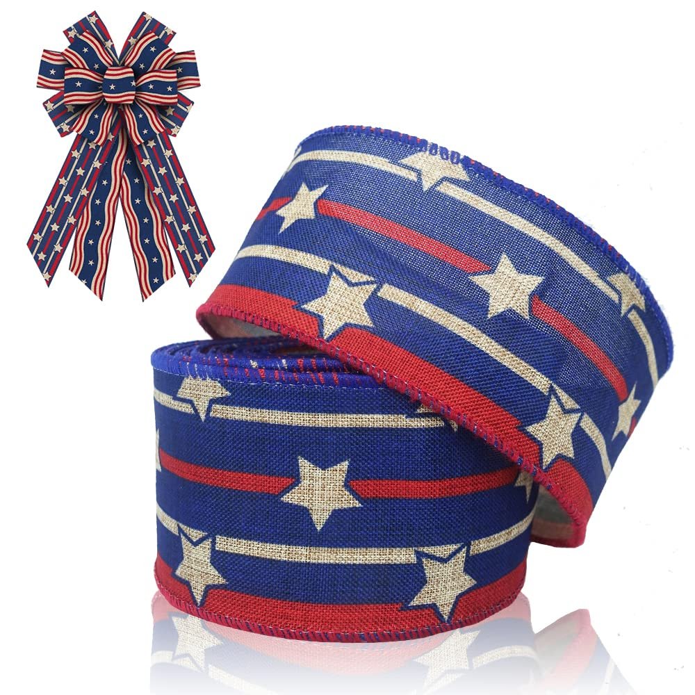 Patriotic Fabric Ribbons 4th of July Decor Ribbon Patriotic Strips Stars Edge Wired Burlap Linen Ribbon for Labor Day Independence Day Hanging Gift Wrapping Decoration Craft Supplies 10 Yards