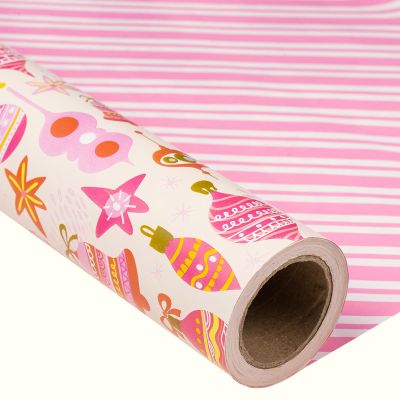MAYPLUSS Christmas Reversible Wrapping Paper Roll - 17 Inch X 32.8 Feet - Retro Pink Christmas Ornaments and Diagonal Stripes Design Gift Wrap Paper for Christmas, Holiday, New Year Baby Shower