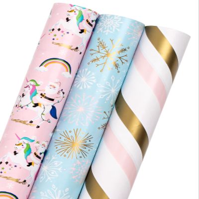 MAYPLUSS Pink Christmas Wrapping Paper Roll - Mini Roll - 17in X 120in Per roll - 3 Different Pink & Blue Design,Foil Strip/Snowflakes/Unicorn,for Xmas,New Year,Girl Christmas Gift Wrap (42.5sq.ft)