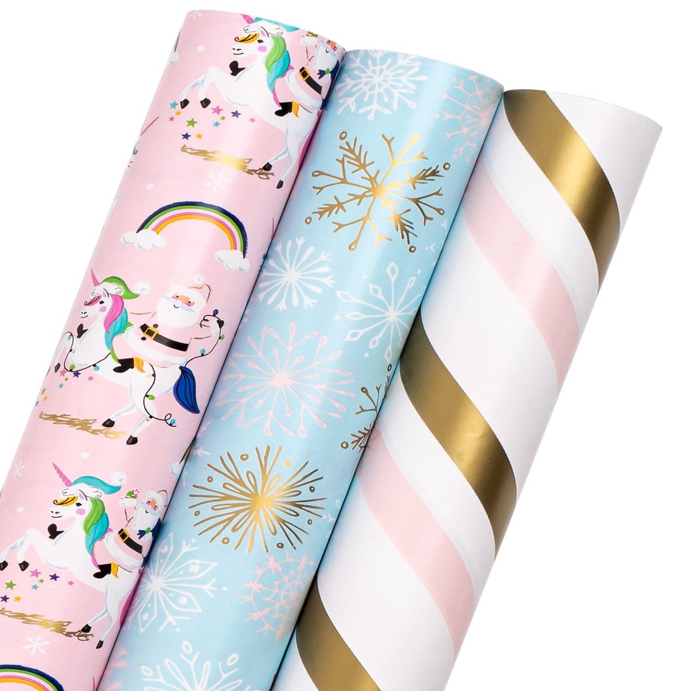MAYPLUSS Pink Christmas Wrapping Paper Roll - Mini Roll - 17in X 120in Per roll - 3 Different Pink & Blue Design,Foil Strip/Snowflakes/Unicorn,for Xmas,New Year,Girl Christmas Gift Wrap (42.5sq.ft)