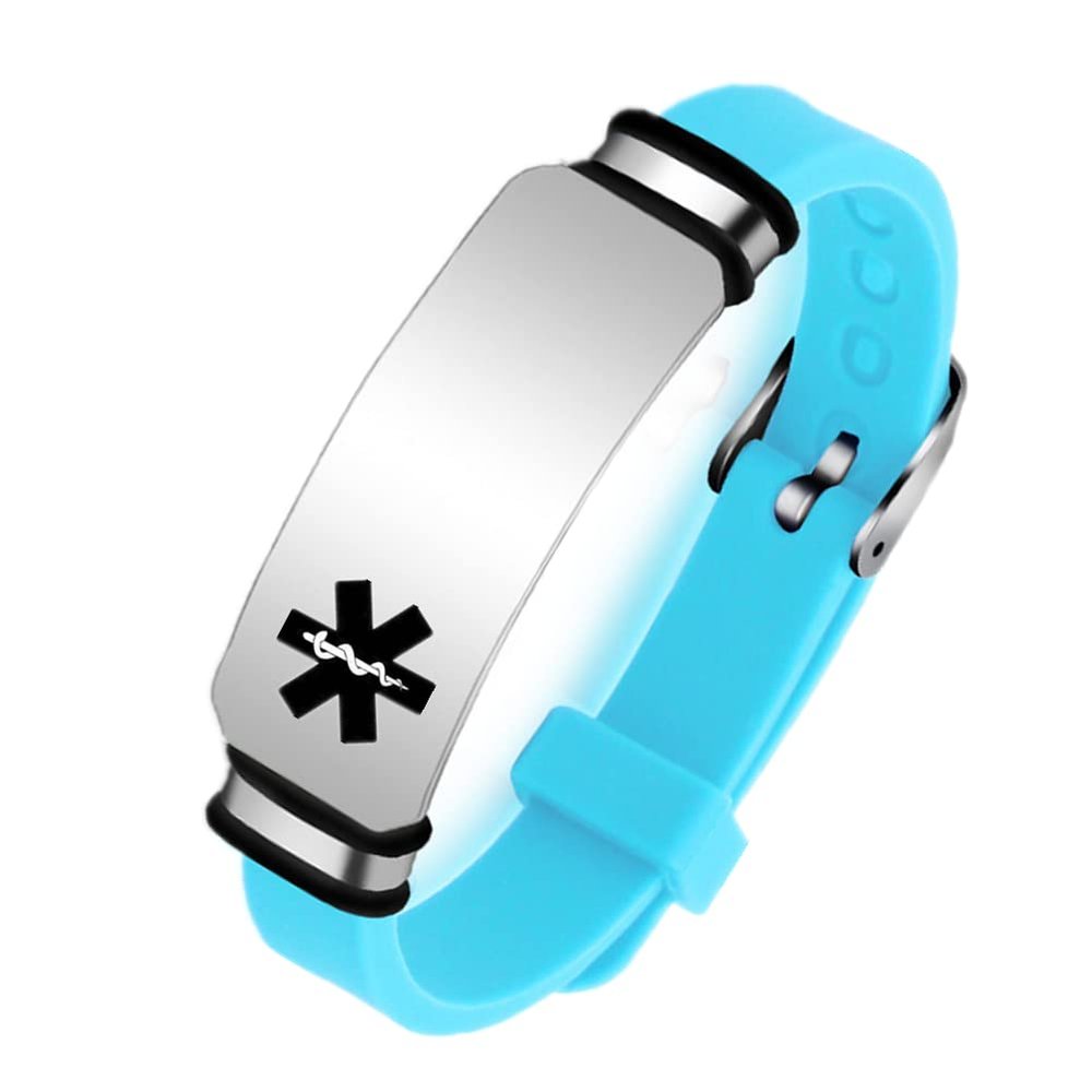 Adjustable Medical Alert ID Silicone Bracelet for Adults Kids, Personalized Name ICE Disease Allergy Awareness Identification Wristband, Customized Alarm Safety Bangle for Emergency, Light Blue