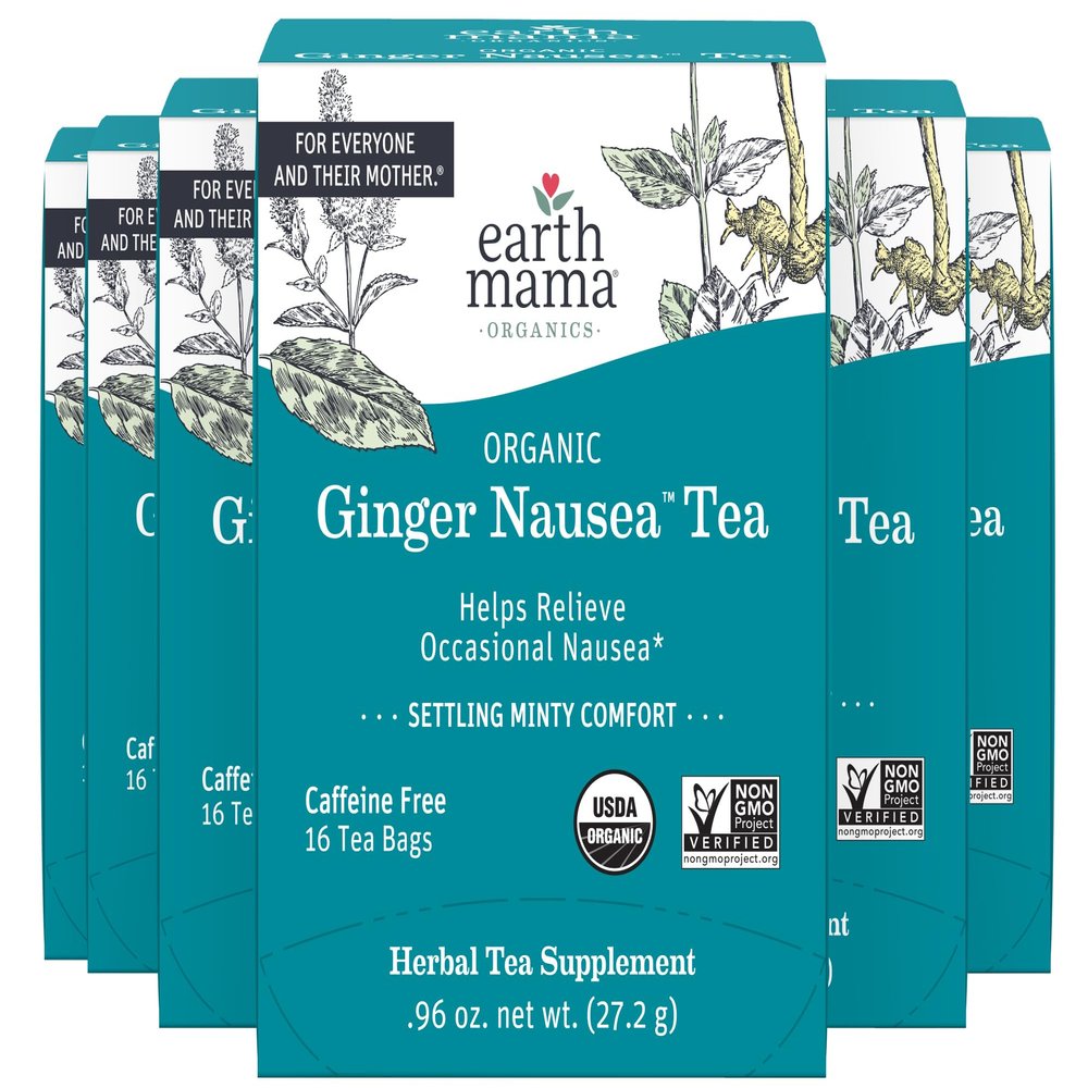 Earth Mama Organic Ginger Nausea Tea | Comforts Occasional Nausea + Morning Sickness, 16 Teabags Per Box (6-Pack)