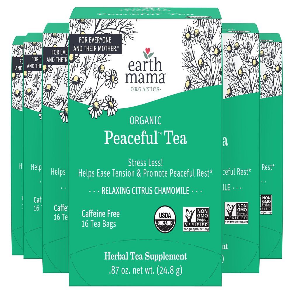 Earth Mama Organic Peaceful Tea | Stress Less! Calming, Relaxing Herbal Blend Safe for Pregnancy & Beyond, 16 Teabags Per Box (6-Pack)