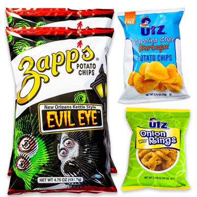 New Orleans Evil Eye Kettle Chips (2, 4.75oz) - Variety Pack - Utz Onion Rings (1, 2.125oz) - Carolina Style BBQ Chips (1, 2.75oz) - Gourmet Flavors - 4 Items Total