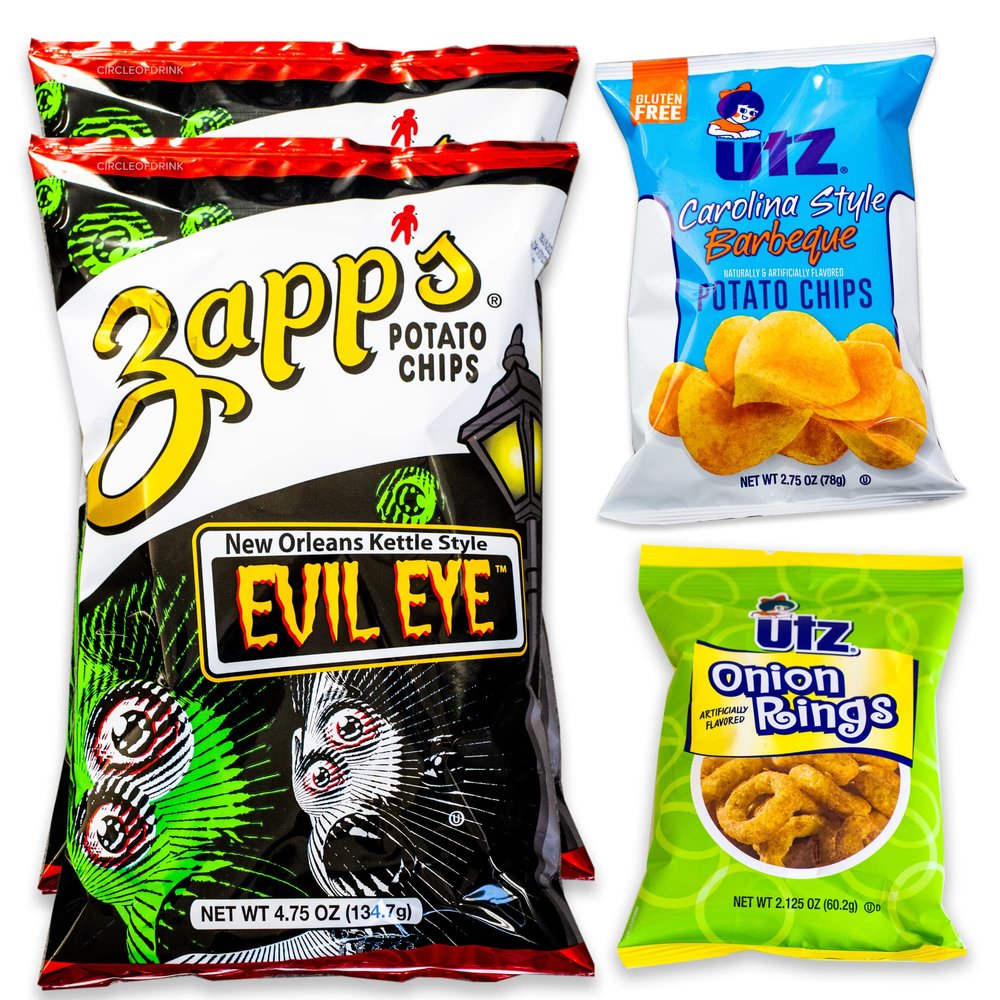 New Orleans Evil Eye Kettle Chips (2, 4.75oz) - Variety Pack - Utz Onion Rings (1, 2.125oz) - Carolina Style BBQ Chips (1, 2.75oz) - Gourmet Flavors - 4 Items Total
