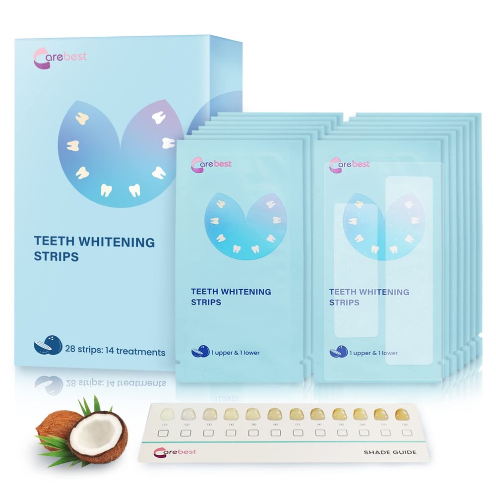 Carebest Teeth Whitening Strips - Professional White Strips for Sensitive Teeth Whitening Kit, Enamel Safe Coconut Whitener Strip for Teeth Whitening, Effective for Teeth Stains Remove (28 Strips)
