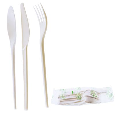 (25 Pack) Compostable Cutlery Kit Eco Friendly Fork, Spoon, Knife, Napkin 6.5 inch - CPLA Heat Resistant Disposable Utensil Kit Durable Cornstarch Bio Based Biodegradable Plastic Cutlery