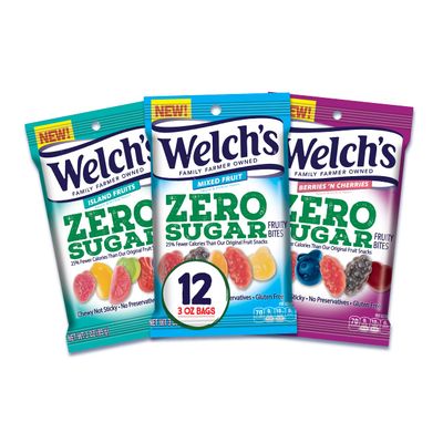 Welch's Zero Sugar Fruity Bites, Variety Pack with Mixed Fruit Snacks, Berries 'N Cherries & Island Fruit, Variety Case, 3 oz (pack of 12)