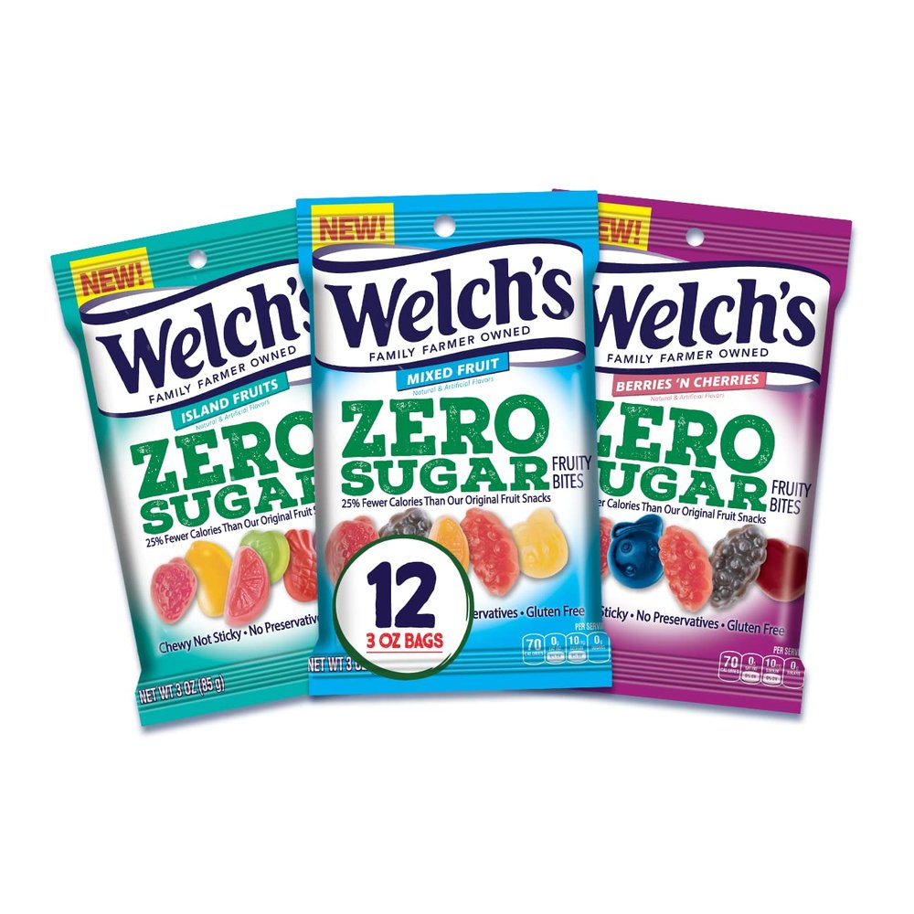 Welch's Zero Sugar Fruity Bites, Variety Pack with Mixed Fruit Snacks, Berries 'N Cherries & Island Fruit, Variety Case, 3 oz (pack of 12)