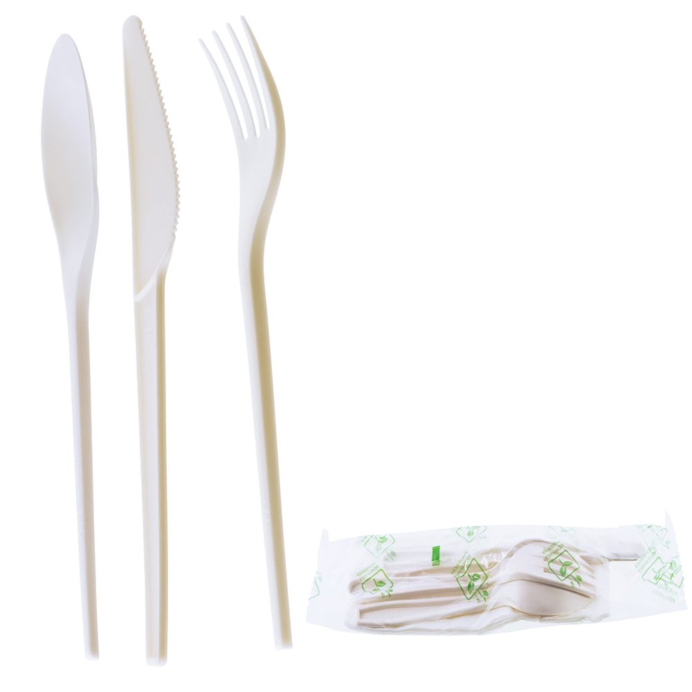 (500 Pack) Compostable Cutlery Kit Eco Friendly Fork, Spoon, Knife, Napkin 6.5 inch - CPLA Heat Resistant Disposable Utensil Kit Durable Cornstarch Bio Based Biodegradable Plastic Cutlery