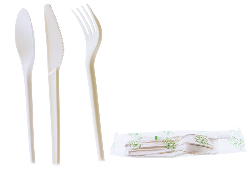 (250 Pack) Compostable Cutlery Kit Eco Friendly Fork, Spoon, Knife, Napkin 6.5 inch - CPLA Heat Resistant Disposable Utensil Kit Durable Cornstarch Bio Based Biodegradable Plastic Cutlery