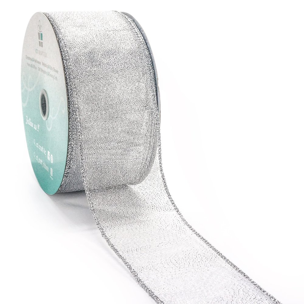 CT CRAFT LLC Silver Metallic Wired Ribbon 2.5 inch x 40 Yards for Christmas Home Decor Tree Topper Bow Gift Wrapping DIY Crafts Wreath Garland Wedding