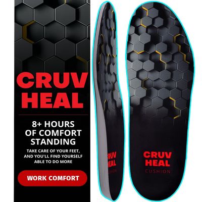 CRUVHEAL Work Comfort Orthotic Insoles - Anti Fatigue Shoe Insert Men Women - Low Arch Support - Shock Absorption - Foot Pain Relief - Work Boot Insoles (XS, Black)