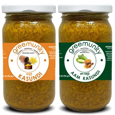 GREEMUNITY | Kasundi n Aam Kasundi Combo Pack - Original Bengali Kasundi - Authentic Handmade Orginal Bengali Kasundi n Mango Kasundi,Mustard Sauce and Mango Mustard Sauce 350 gms each [Pack of 2]