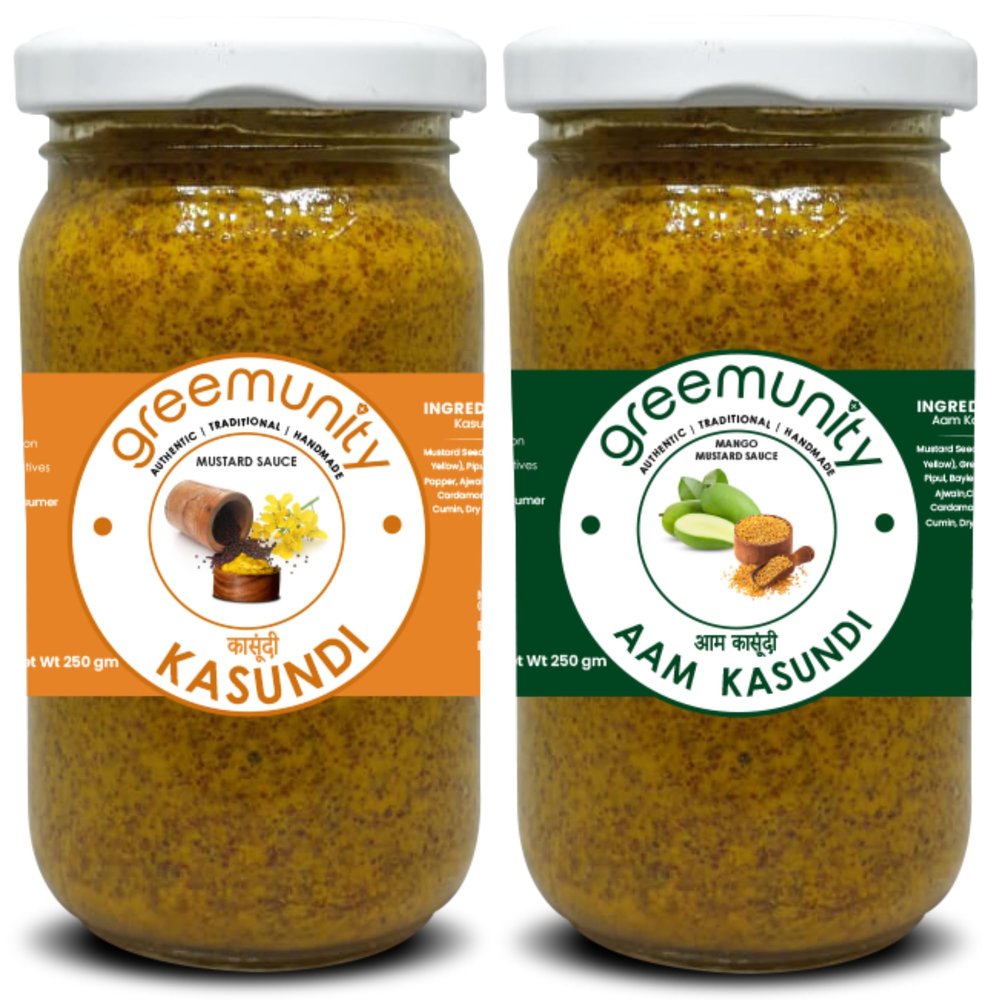 GREEMUNITY | Kasundi n Aam Kasundi Combo Pack - Original Bengali Kasundi - Authentic Handmade Orginal Bengali Kasundi n Mango Kasundi,Mustard Sauce and Mango Mustard Sauce 350 gms each [Pack of 2]