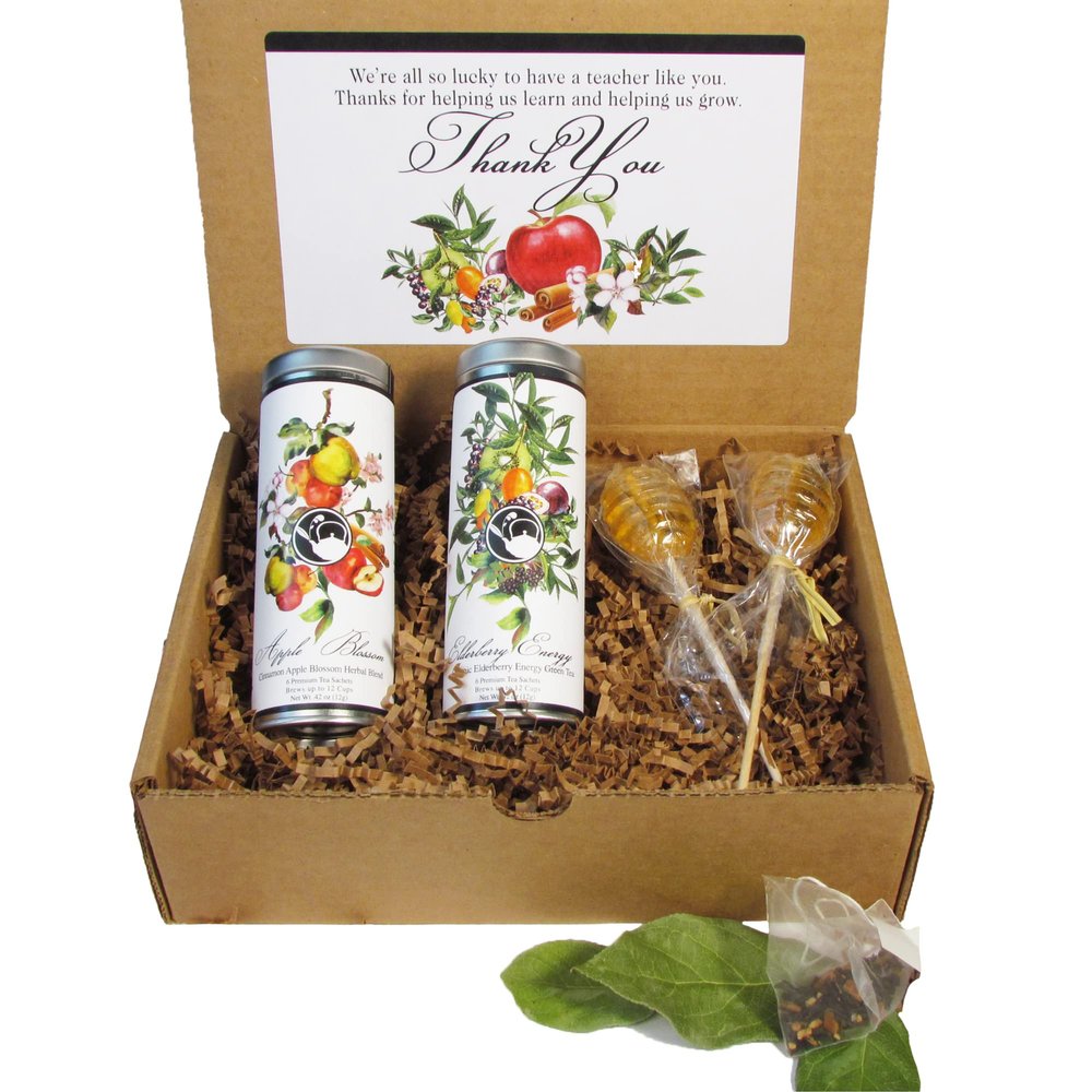Floral Tea Teacher Gift Basket by La Tea Dah, Unique Teachers Appreciation Gifts for Women, Two Premium Assorted Flavors & Two Honey Stirrers in Gift Box (12 Sachets)