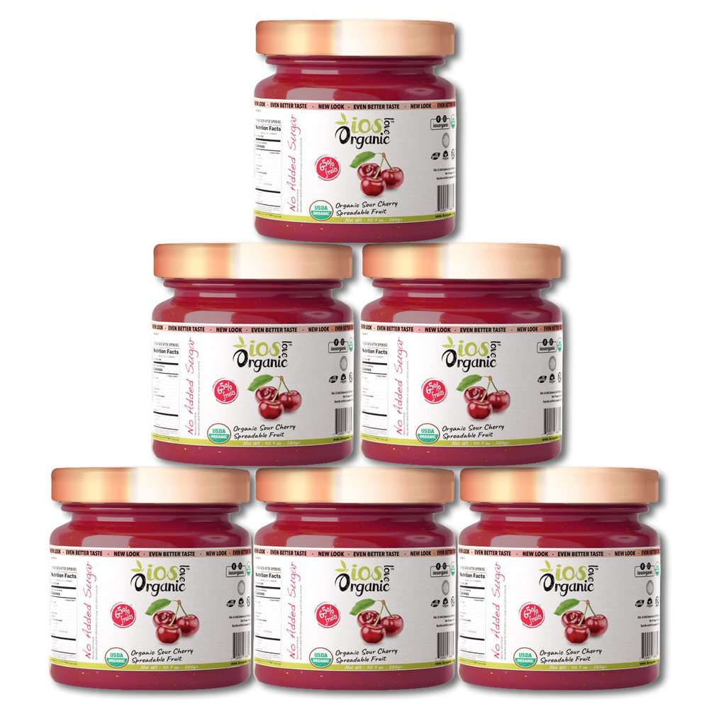 IOS Love Organic Spreadable Fruit - USDA Organic Certified 65% Fruits - Non-GMO, Vegan, Gluten Free, Kosher, NO Added Sugar, Net. Wt. 10.1Oz (Sour Cherry, 10.1 Oz (Pack of 6))