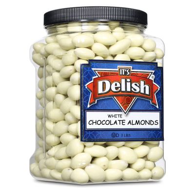 Gourmet White Chocolate Covered Almonds by Its Delish, 3 LBS Jumbo Reusable Container(Jar) | White Milk Chocolate Coated Almond Nuts, Kosher Dairy