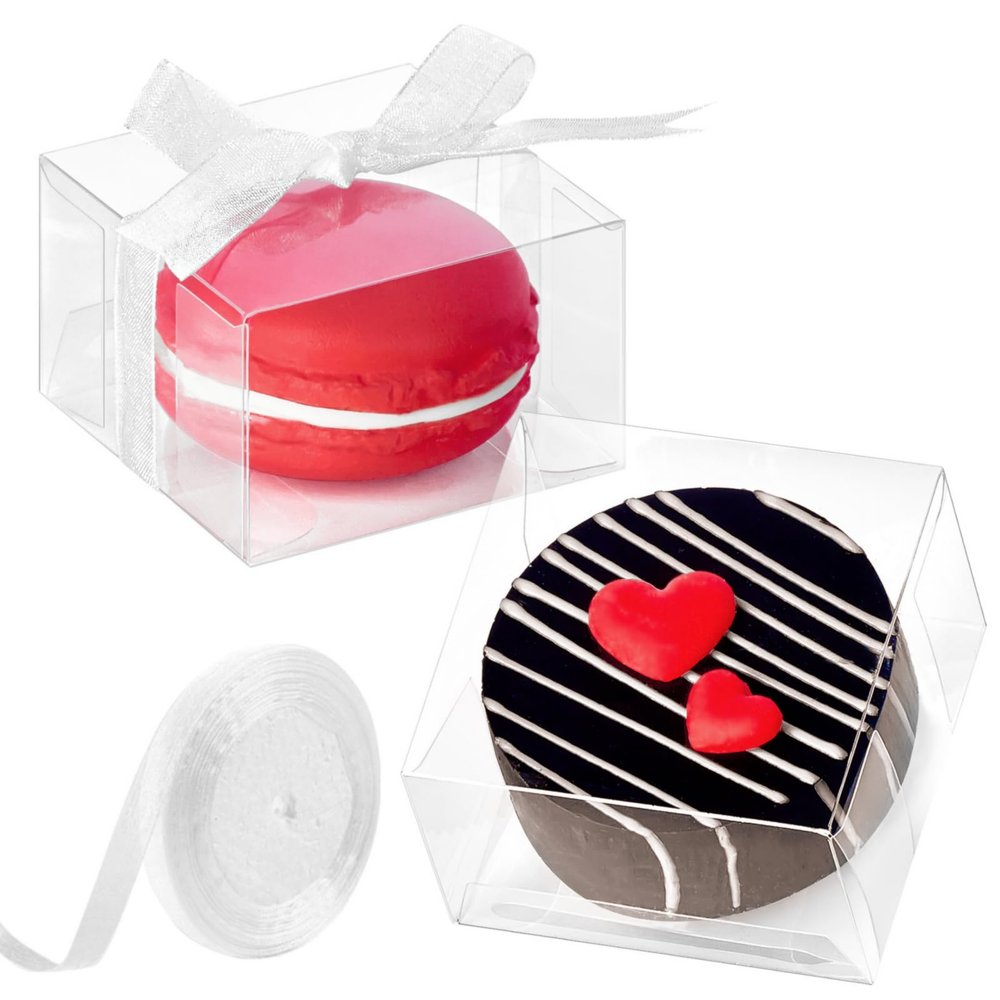 Jutieuo 100pcs Clear Single Chocolate Covered Cookies Macaron Box for Wedding Favors Baby Shower 2.17"2.17"1.38" Inch, Party Favor Box with Ribbons for Candy Chocolate Mooncake