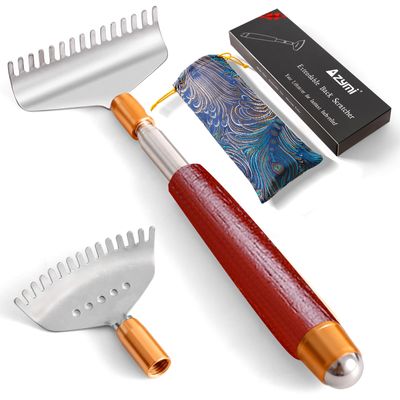 Azymi Back Scratcher with 2Pcs Large Detachable Heads, Telescoping Back Scratcher for Women Men, Stainless Steel Wide Claws/Roller Ball/Wooden Handle, Heavy Duty Body Scratcher Massager