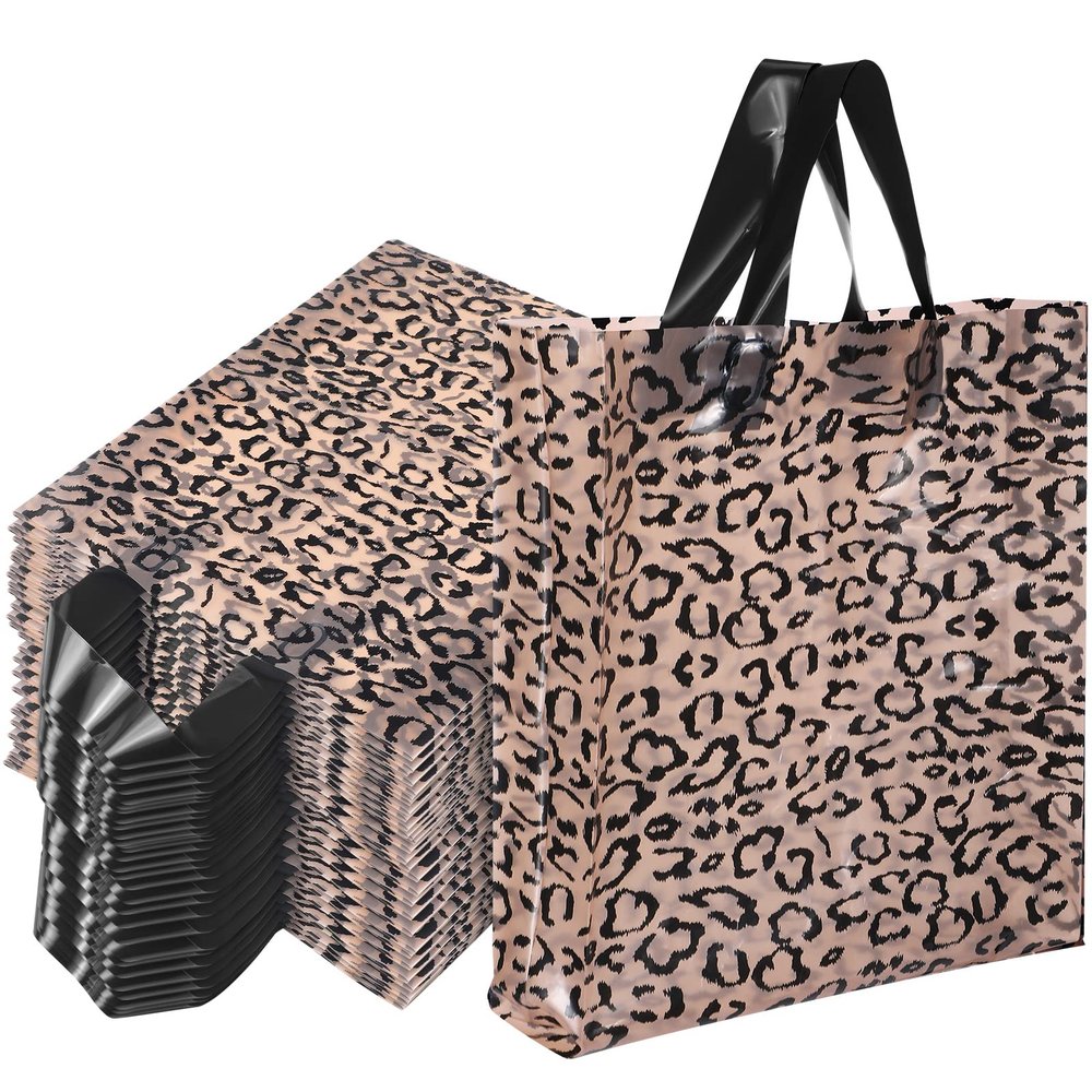 Tudomro 150 Pack Christmas Boutique Bags Christmas Plastic Merchandise Valentines Reusable Shopping Gifts Bags 10 x 13 Inch for Xmas Holiday Party Supplies(Leopard Pattern)