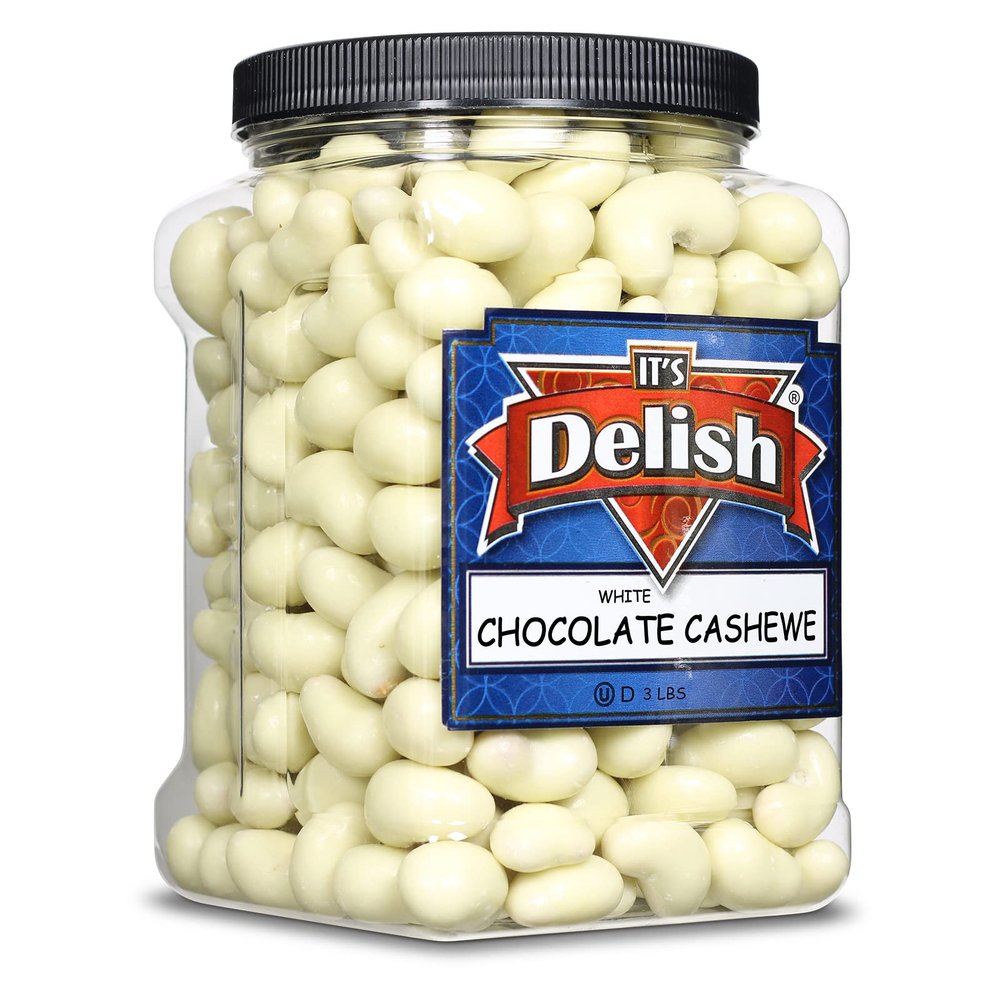 Gourmet White Chocolate Covered Cashews by Its Delish, 3 LBS Jumbo Reusable Container | White Milk Chocolate Coated Cashew Nuts, Kosher Dairy