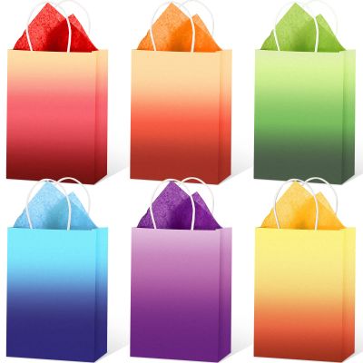 Chrisfall 24 Pcs Gift Bags with 30 Pcs Tissue Paper, Party Favors Kraft Paper Bags with Handles Wrap for Birthdays Goodie Weddings Baby Showers Party Supplies Gift(Gradient Color Pattern)