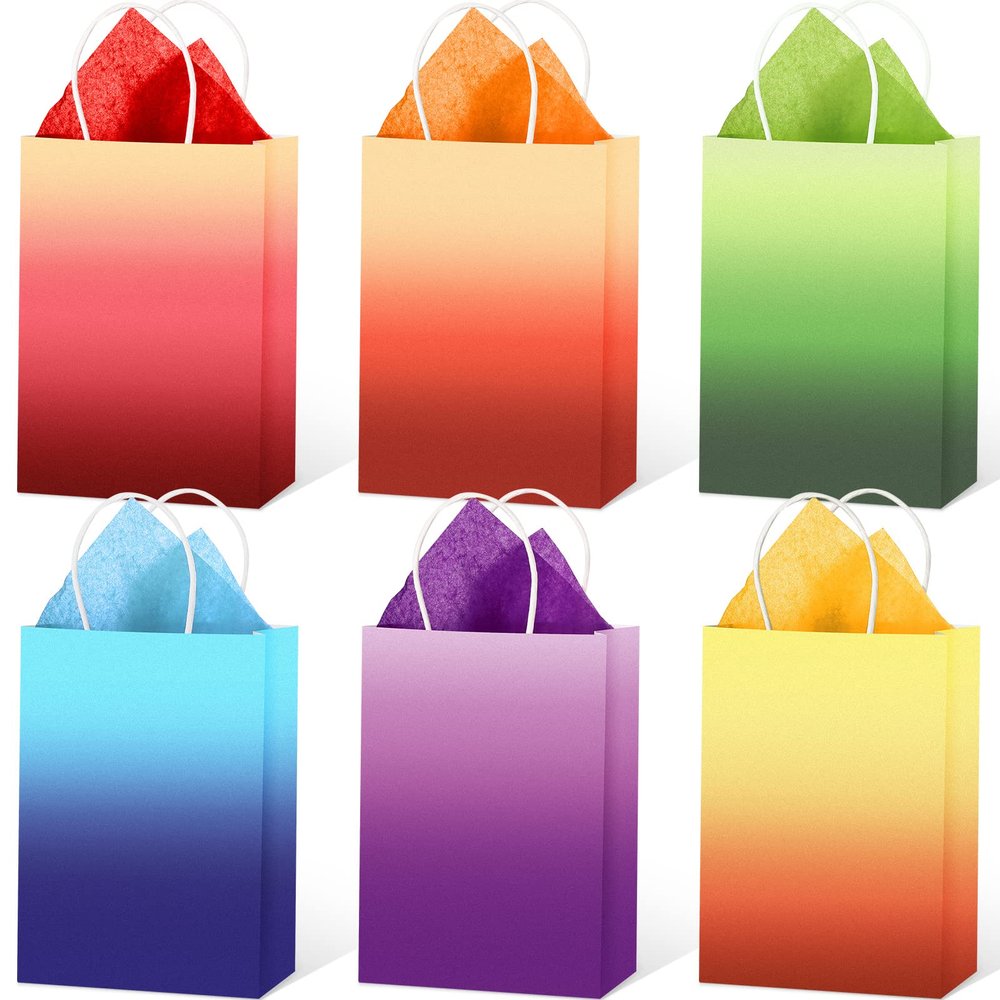 Chrisfall 24 Pcs Gift Bags with 30 Pcs Tissue Paper, Party Favors Kraft Paper Bags with Handles Wrap for Birthdays Goodie Weddings Baby Showers Party Supplies Gift(Gradient Color Pattern)