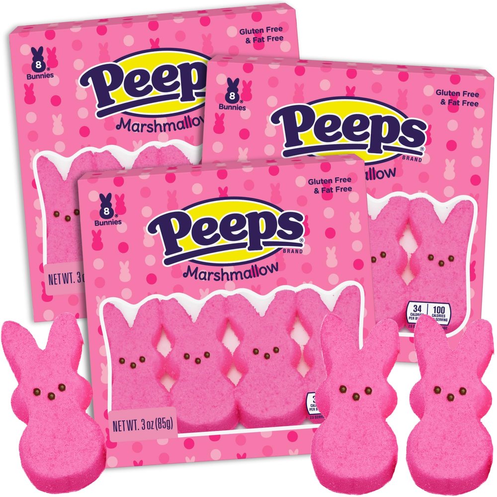 Needzo Peeps Candy Marshmallow Bunnies, Bunny Shaped Treats Bulk Easter Bundle Basket Stuffer Kit (Pack of 3) (Pink)