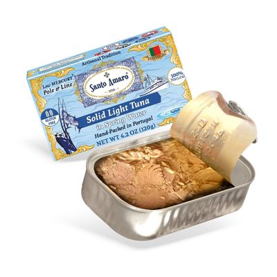 Santo Amaro - Artisanal Wild Tuna Fish in Spring Water, Pole & Line Wild Caught Tuna from Portugal, Hand-Packed Canned Tuna, Solid Light Tuna, 24g Protein Keto, 90 Calories, Low Mercury, Pack of 6