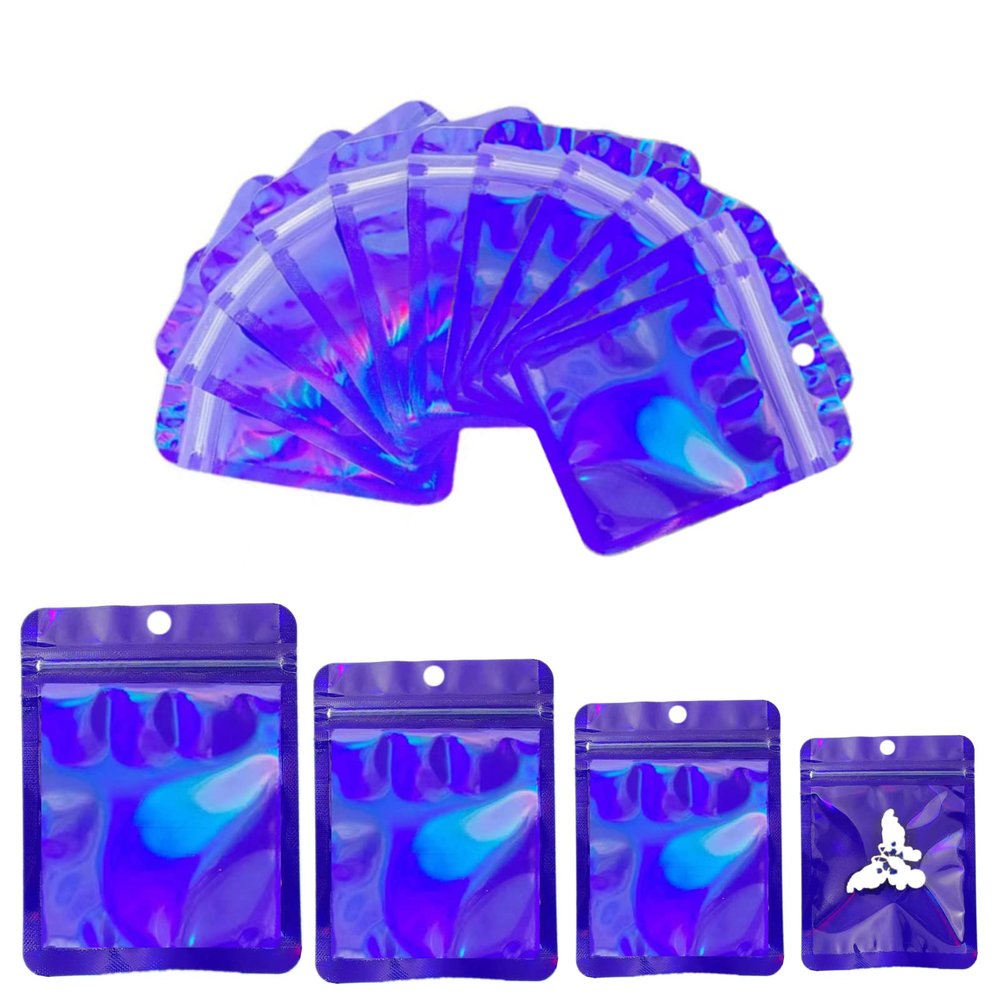 100 Pack Resealable Mylar Bags Smell Proof Bags Packaging Plastic Bag with Clear Holographic Rainbow Window Mylar Storage Bags For Candy,Jewelry,Screw (3.93 x 5.9 inch, Holographic Blue)