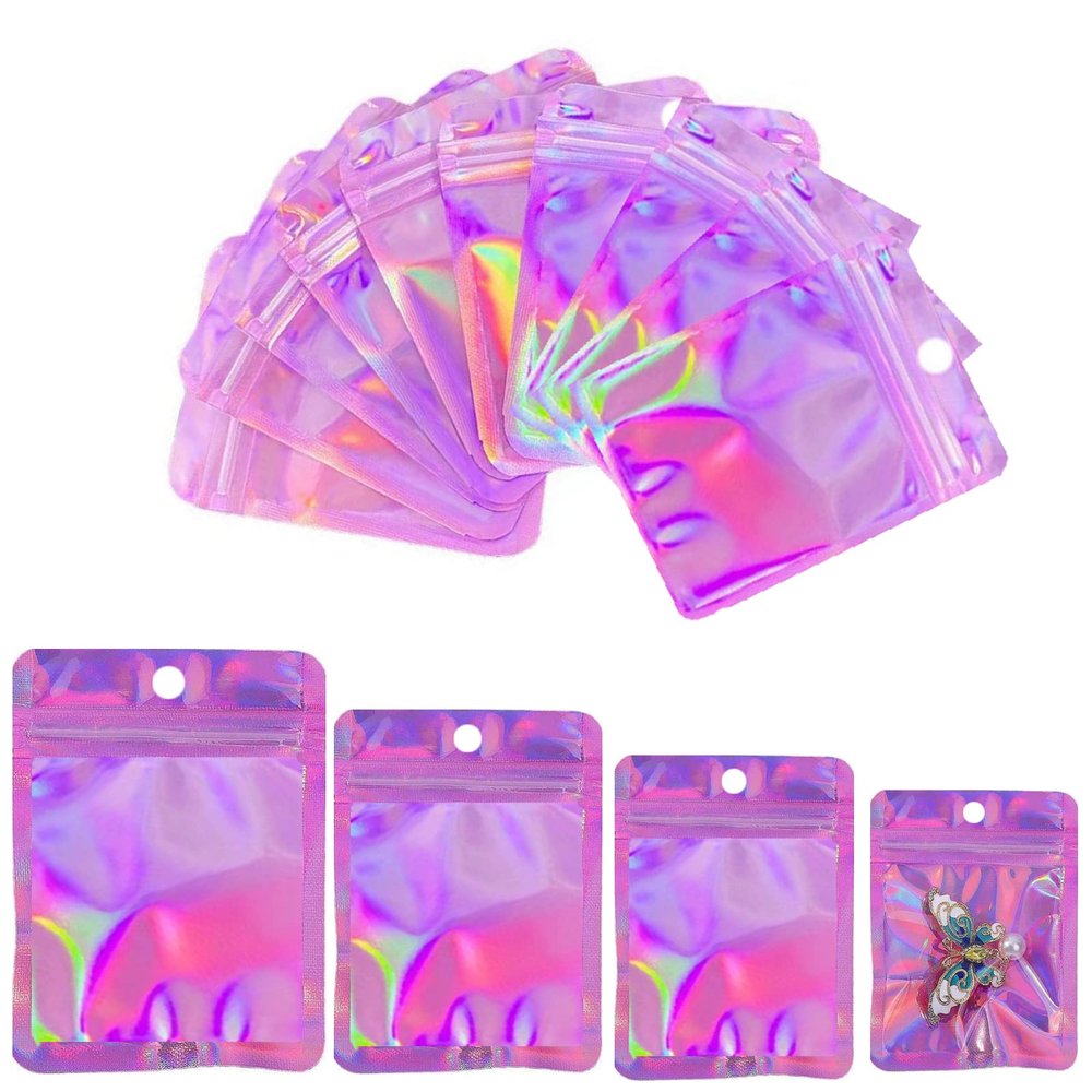 100 Pack Resealable Mylar Bags Smell Proof Bags Packaging Plastic Bag with Clear Holographic Rainbow Window Mylar Storage Bags For Candy,Jewelry,Screw (3.93 x 5.9 inch, Holographic Pink)